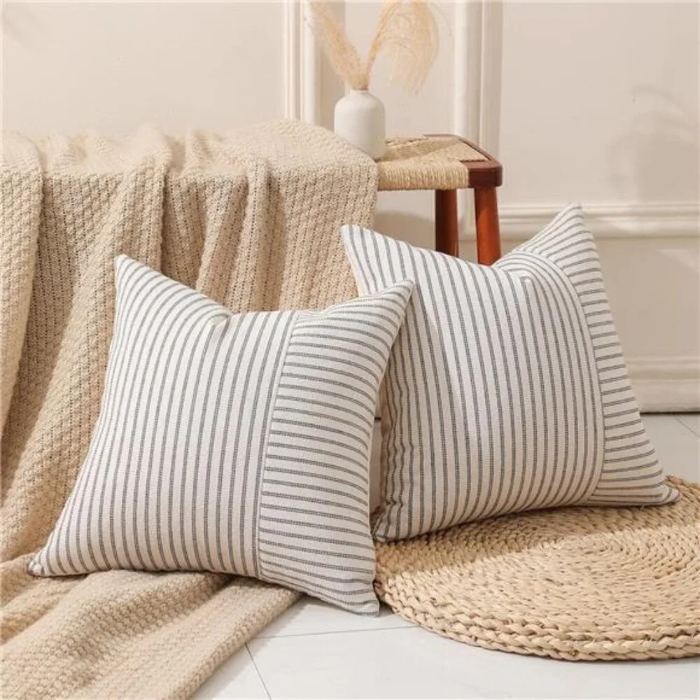 Set of 2 Farmhouse Throw Pillow Covers 18 x 18 Striped Linen Decorative